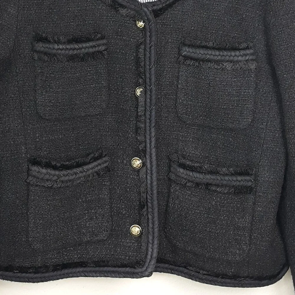 J. Crew Black Fringed Braided Wool Blend Tweed Lady Jacket 12 Minimalist Classic